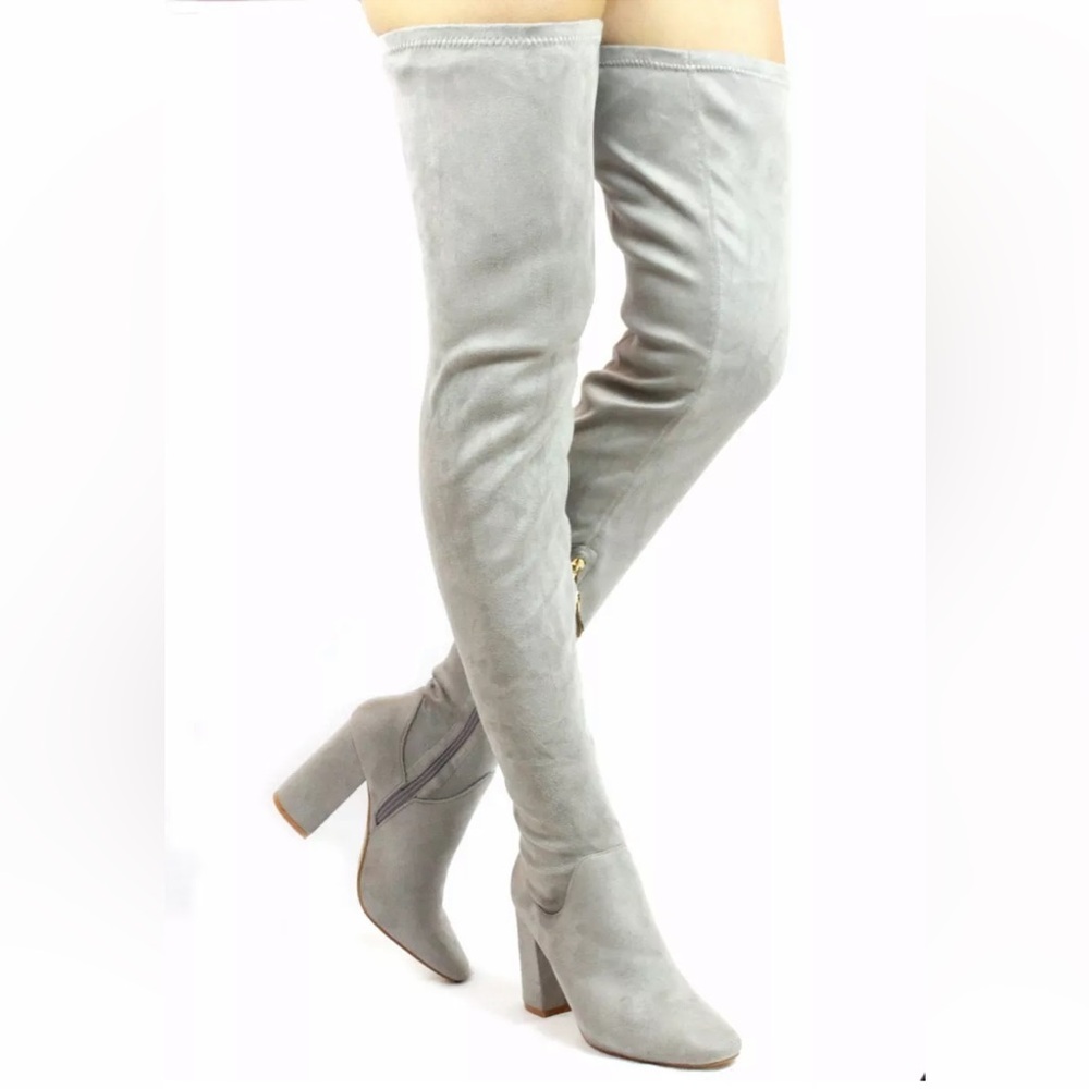 Cape Robbin Women's Suede Thigh High Boots Over the Knee Faux Block Heel Grey